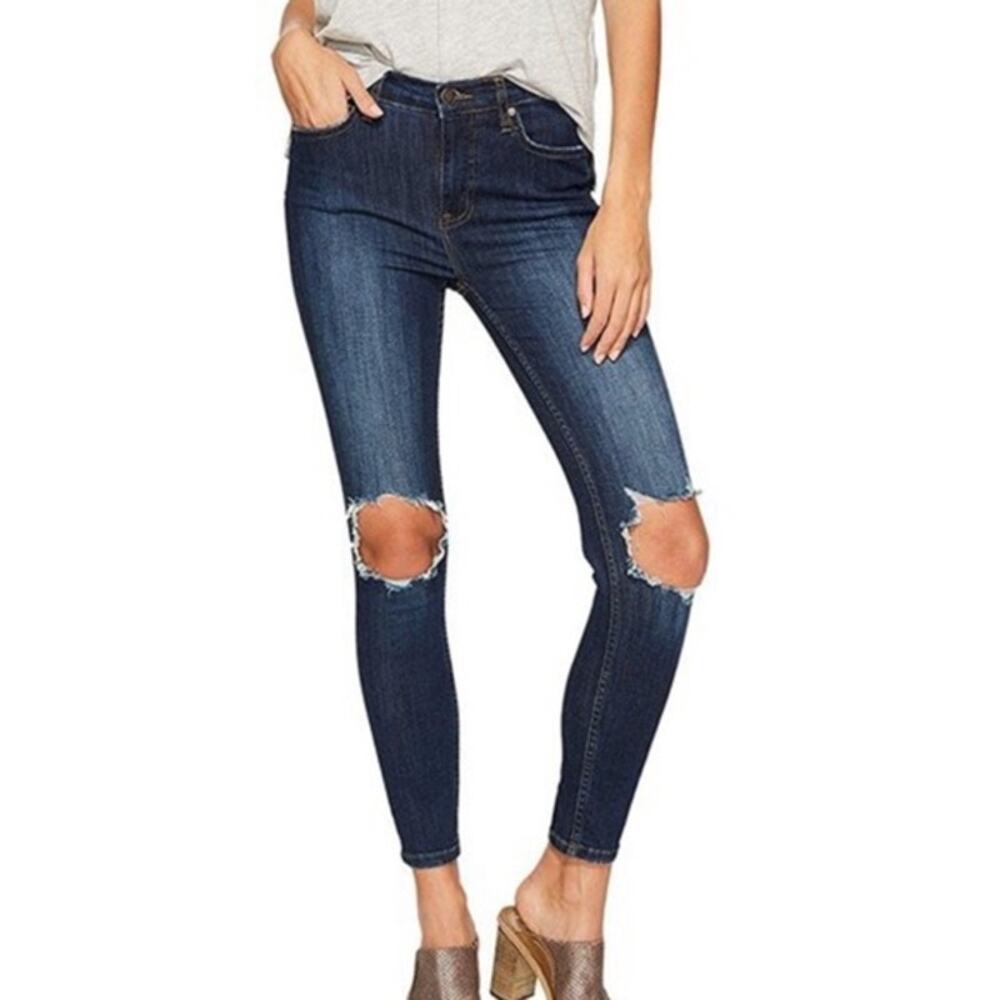 FREE PEOPLE Distressed Ripped Knee High Waist Blue Skinny Jeans 27‎